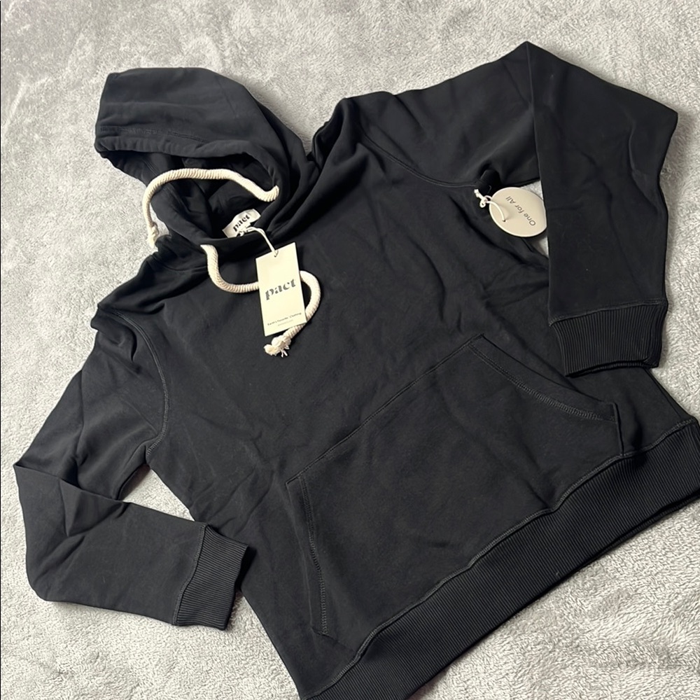 NEW XS Pact 100% Organic Cotton Unisex Women's Black One For All Pullover Hoodie